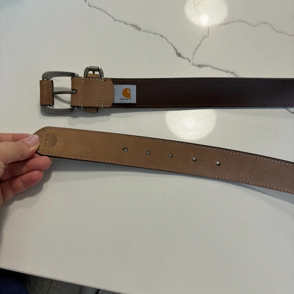 Carhartt Light Brown Genuine Leather Silver Tone Buckle Belt Men’s Size Large